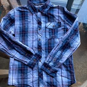 Youth Large button down dress shirt blue with a burgundy plaid stripe.